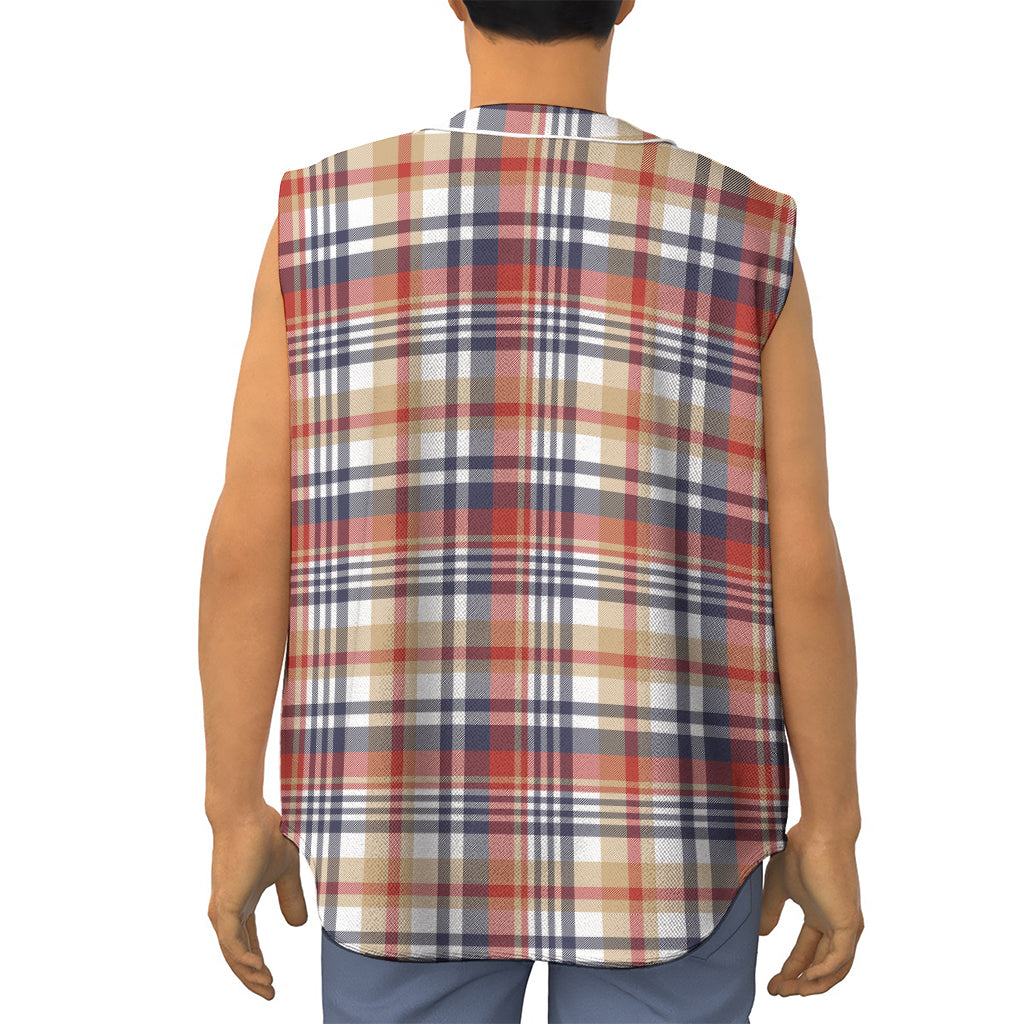 Red Blue And Beige Madras Plaid Print Sleeveless Baseball Jersey