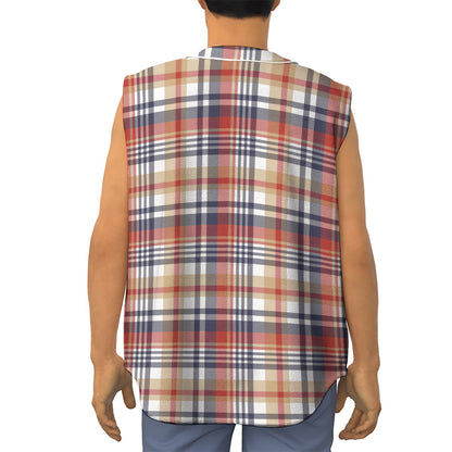 Red Blue And Beige Madras Plaid Print Sleeveless Baseball Jersey