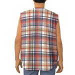 Red Blue And Beige Madras Plaid Print Sleeveless Baseball Jersey