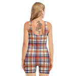 Red Blue And Beige Madras Plaid Print Sleeveless One Piece Swimsuit