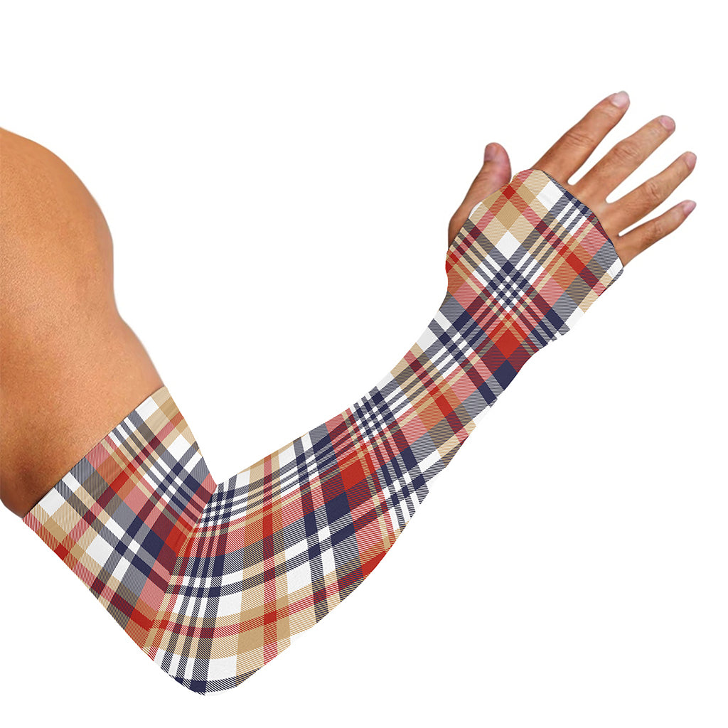 Red Blue And Beige Madras Plaid Print Sun Protection Arm Sleeves