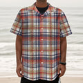 Red Blue And Beige Madras Plaid Print Textured Short Sleeve Shirt