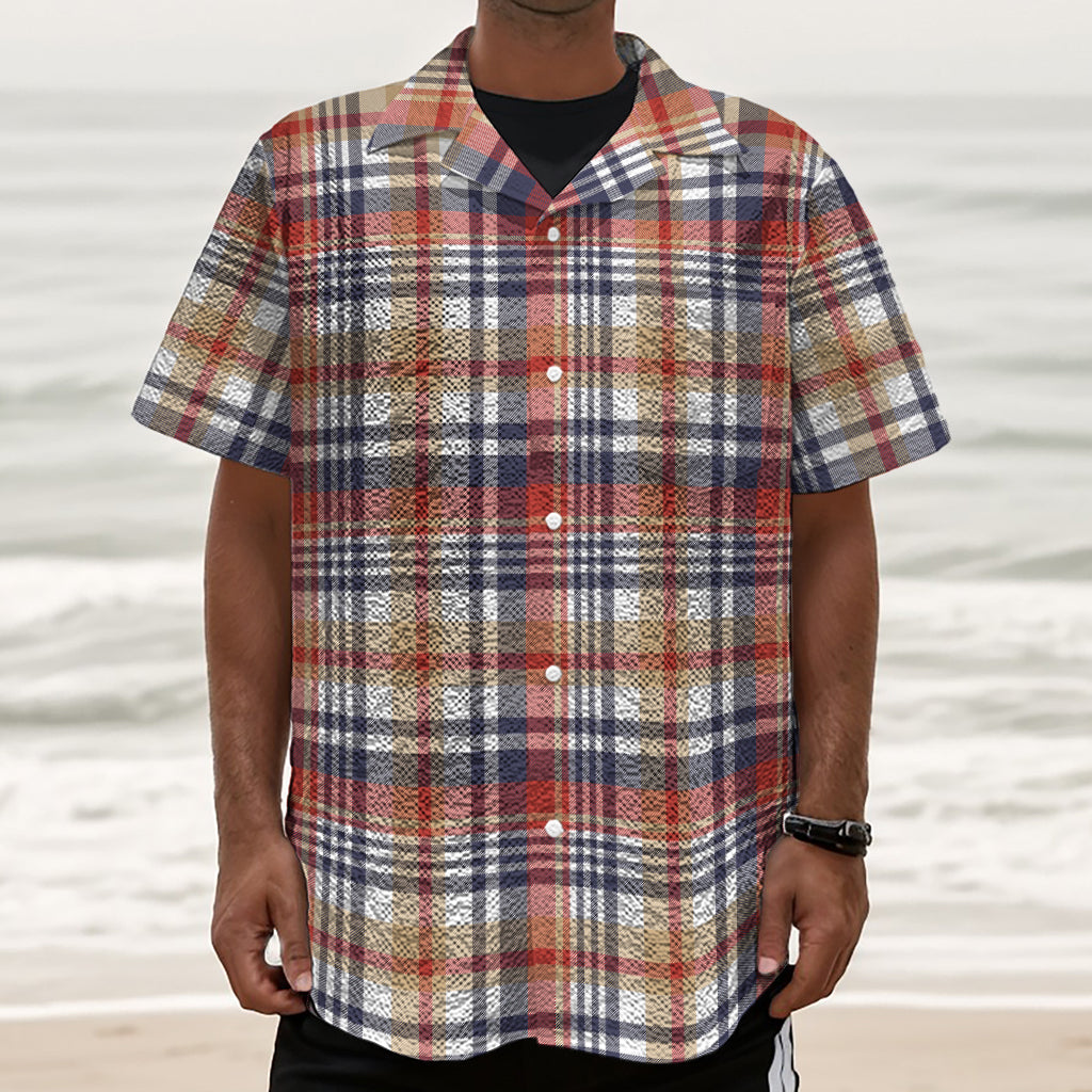 Red Blue And Beige Madras Plaid Print Textured Short Sleeve Shirt