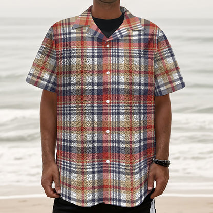 Red Blue And Beige Madras Plaid Print Textured Short Sleeve Shirt