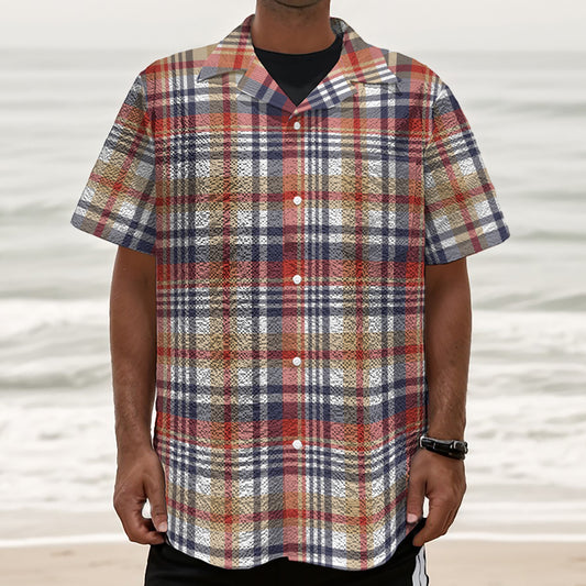 Red Blue And Beige Madras Plaid Print Textured Short Sleeve Shirt