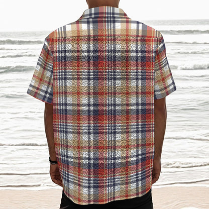 Red Blue And Beige Madras Plaid Print Textured Short Sleeve Shirt