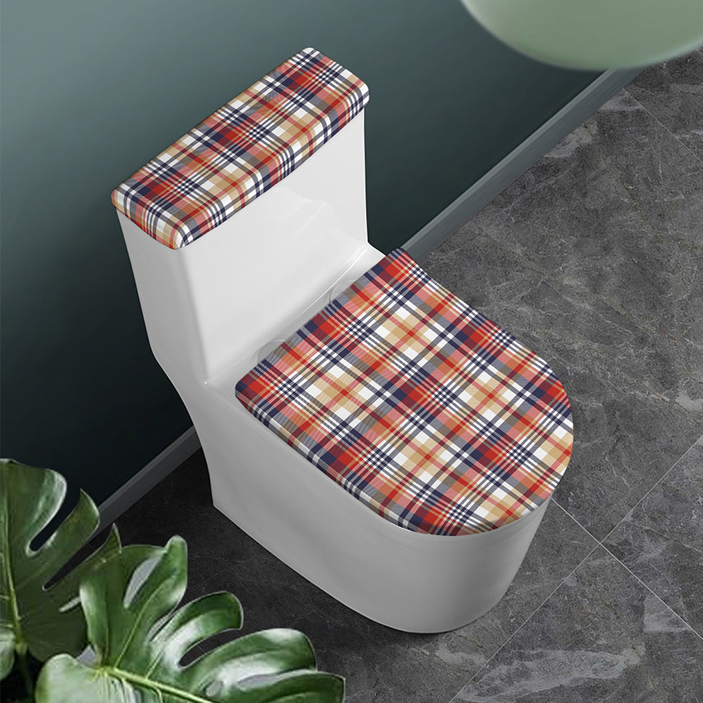 Red Blue And Beige Madras Plaid Print Toilet Lid And Tank Cover Set
