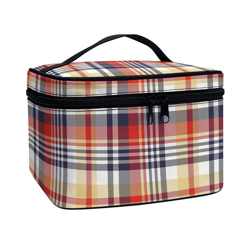 Red Blue And Beige Madras Plaid Print Travel Makeup Bag
