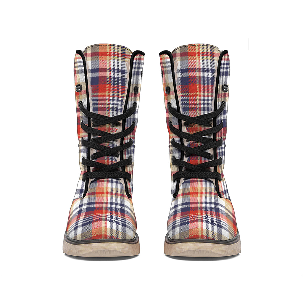Red Blue And Beige Madras Plaid Print Winter Boots