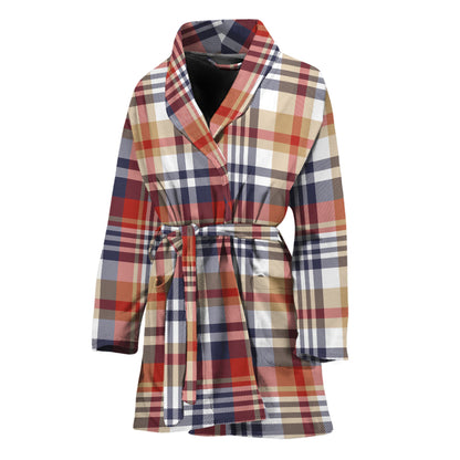 Red Blue And Beige Madras Plaid Print Women's Bathrobe