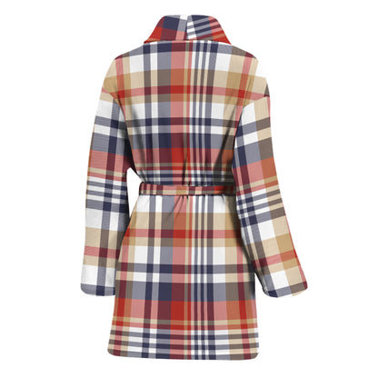 Red Blue And Beige Madras Plaid Print Women's Bathrobe