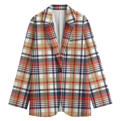 Red Blue And Beige Madras Plaid Print Women's Blazer