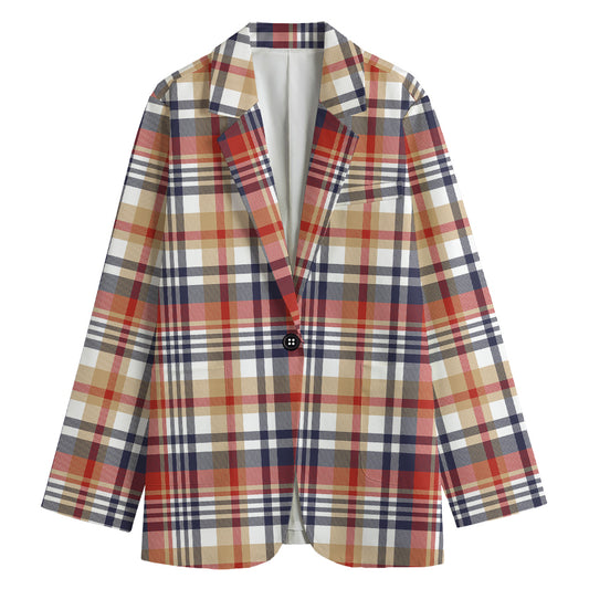Red Blue And Beige Madras Plaid Print Women's Blazer