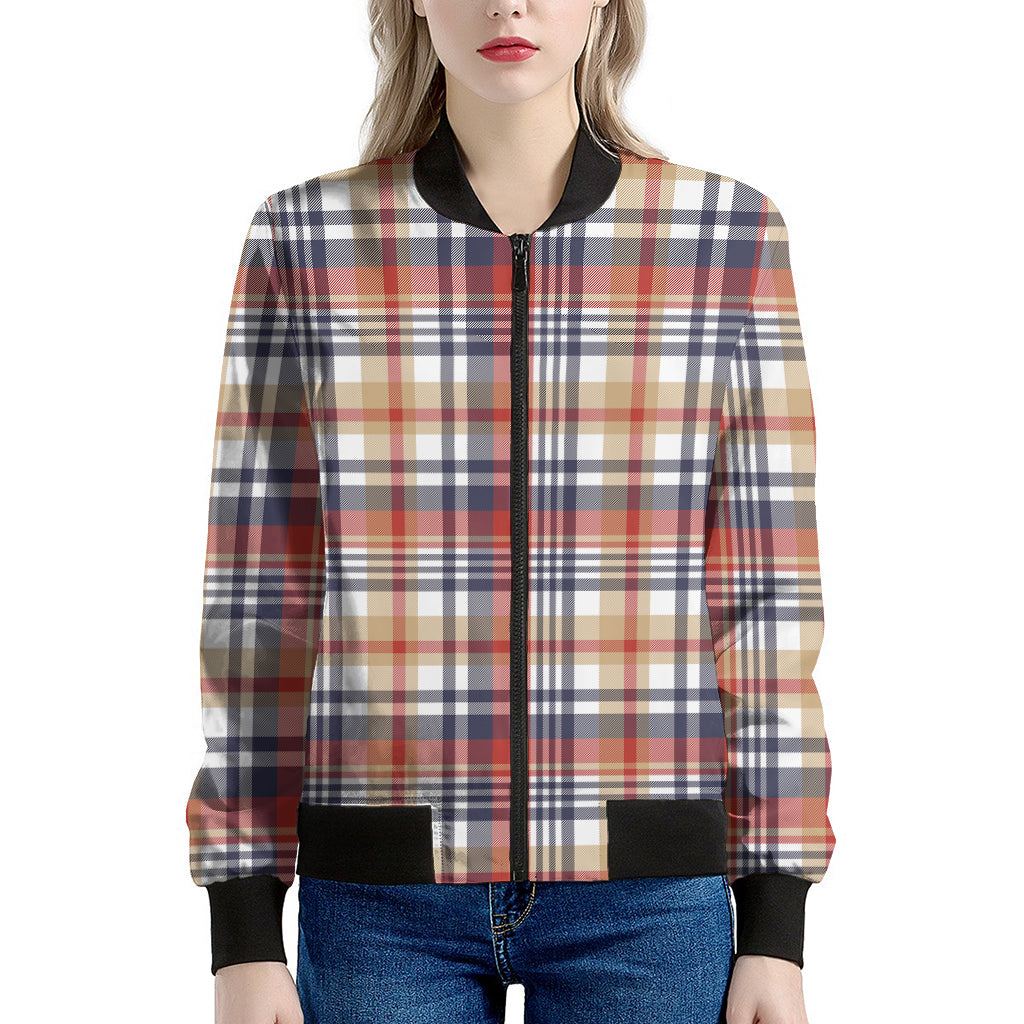Red Blue And Beige Madras Plaid Print Women's Bomber Jacket