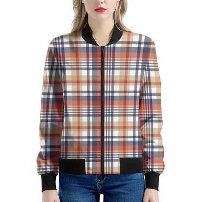 Red Blue And Beige Madras Plaid Print Women's Bomber Jacket