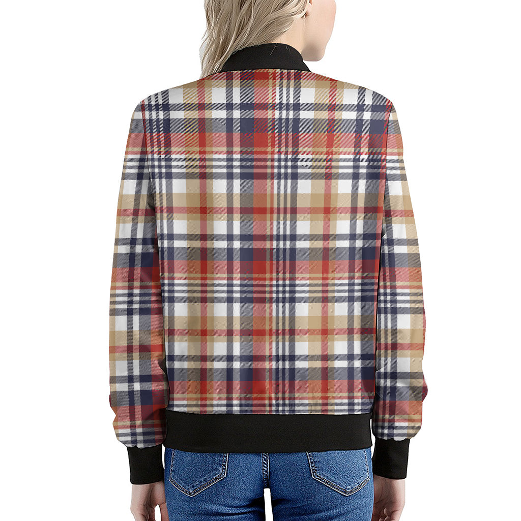 Red Blue And Beige Madras Plaid Print Women's Bomber Jacket