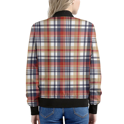 Red Blue And Beige Madras Plaid Print Women's Bomber Jacket