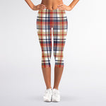 Red Blue And Beige Madras Plaid Print Women's Capri Leggings