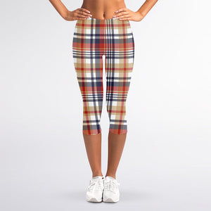 Red Blue And Beige Madras Plaid Print Women's Capri Leggings