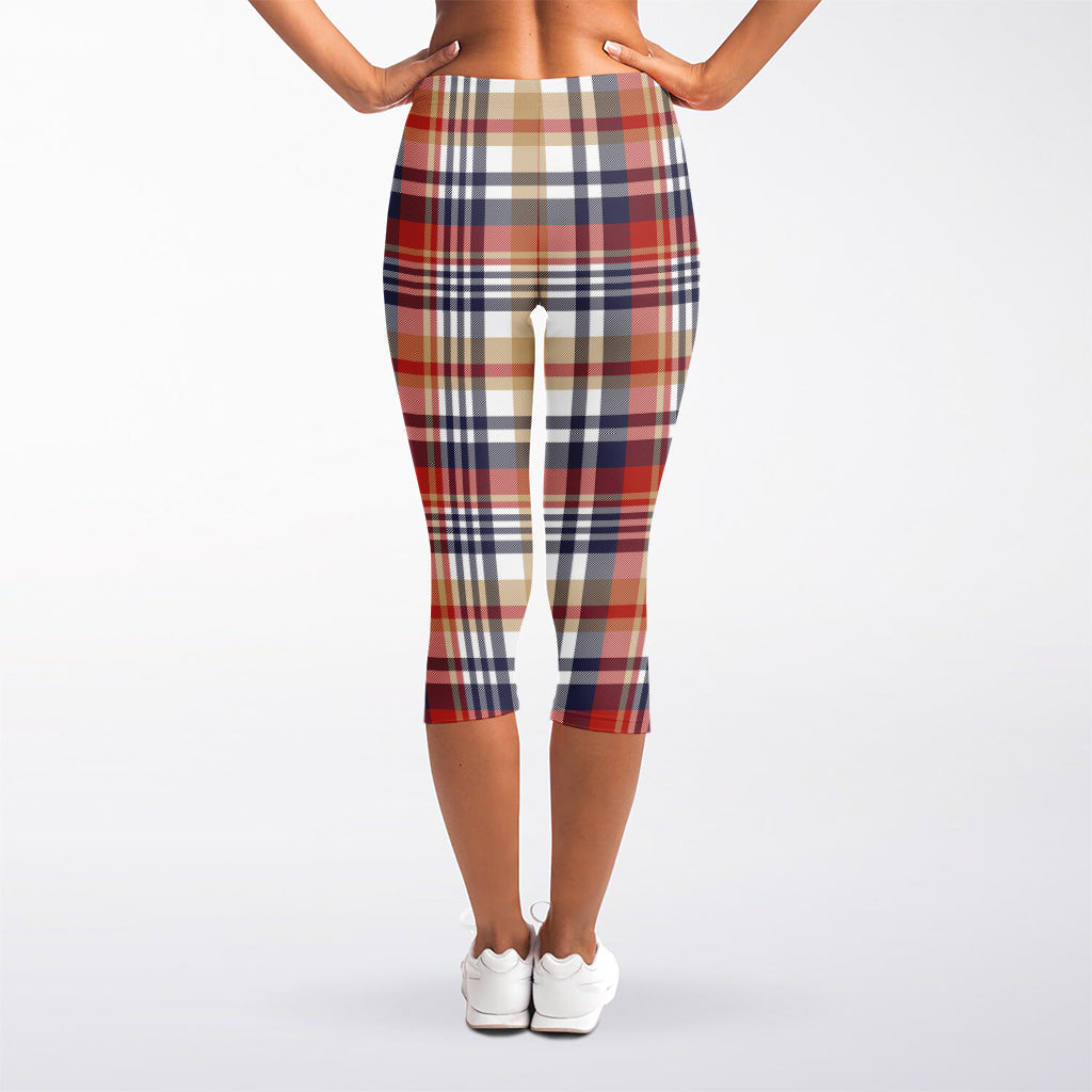 Red Blue And Beige Madras Plaid Print Women's Capri Leggings