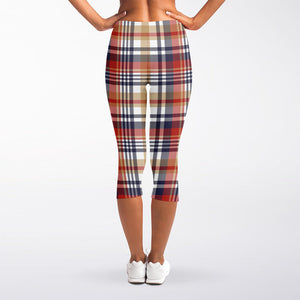 Red Blue And Beige Madras Plaid Print Women's Capri Leggings