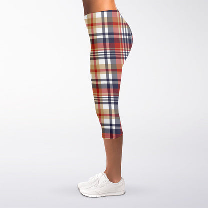 Red Blue And Beige Madras Plaid Print Women's Capri Leggings
