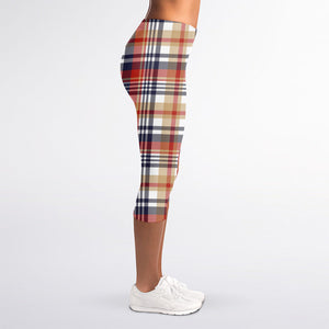 Red Blue And Beige Madras Plaid Print Women's Capri Leggings