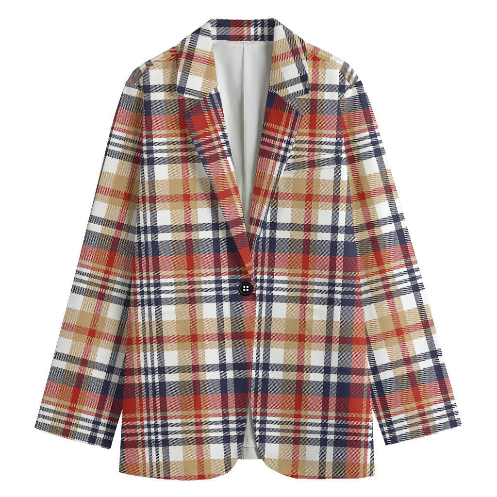 Red Blue And Beige Madras Plaid Print Women's Cotton Blazer