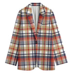 Red Blue And Beige Madras Plaid Print Women's Cotton Blazer