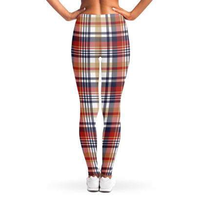 Red Blue And Beige Madras Plaid Print Women's Leggings