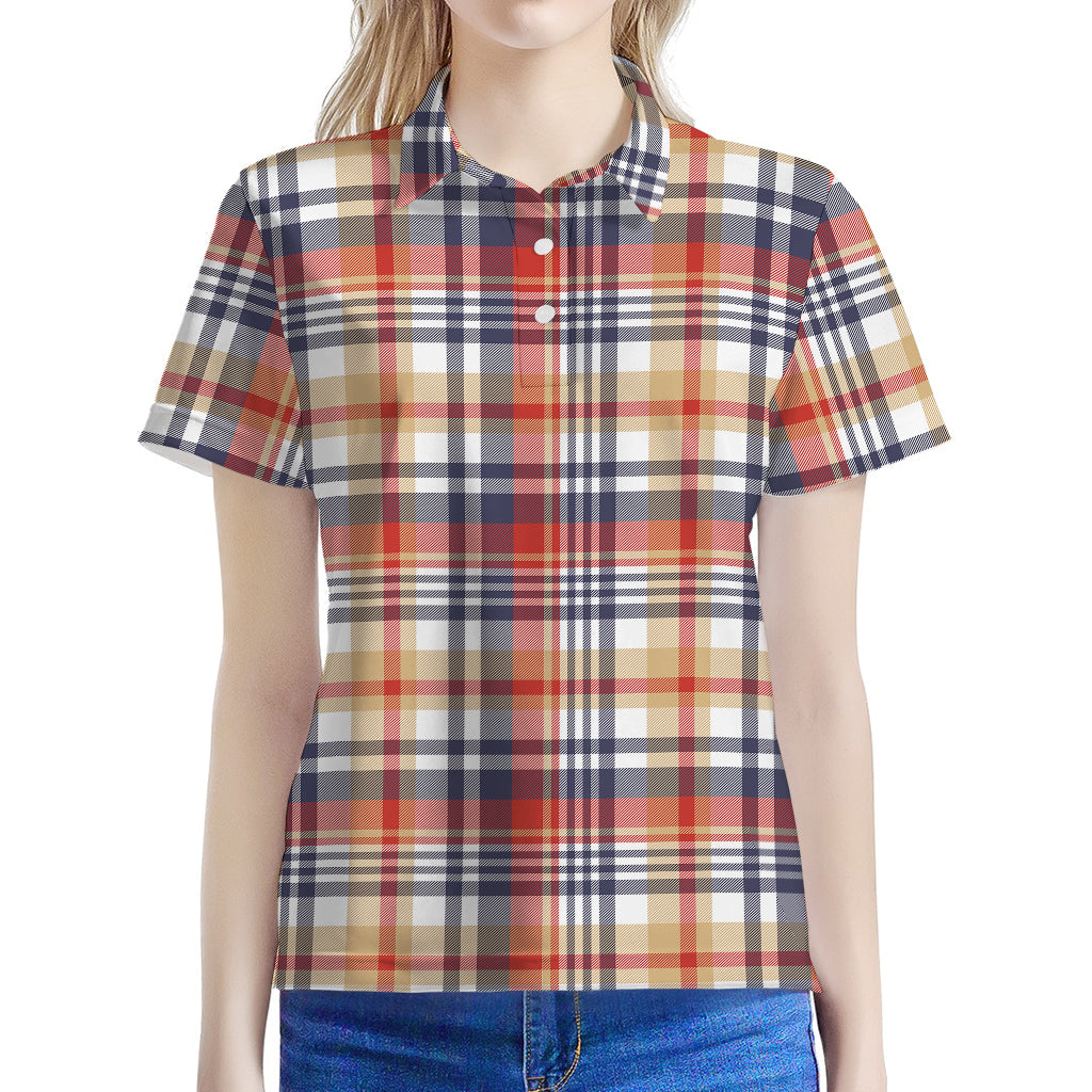 Red Blue And Beige Madras Plaid Print Women's Polo Shirt