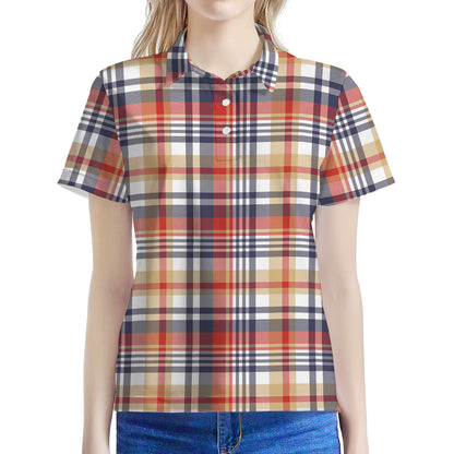 Red Blue And Beige Madras Plaid Print Women's Polo Shirt