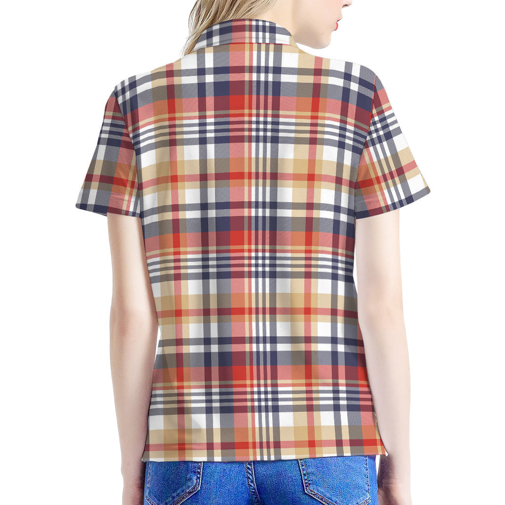 Red Blue And Beige Madras Plaid Print Women's Polo Shirt