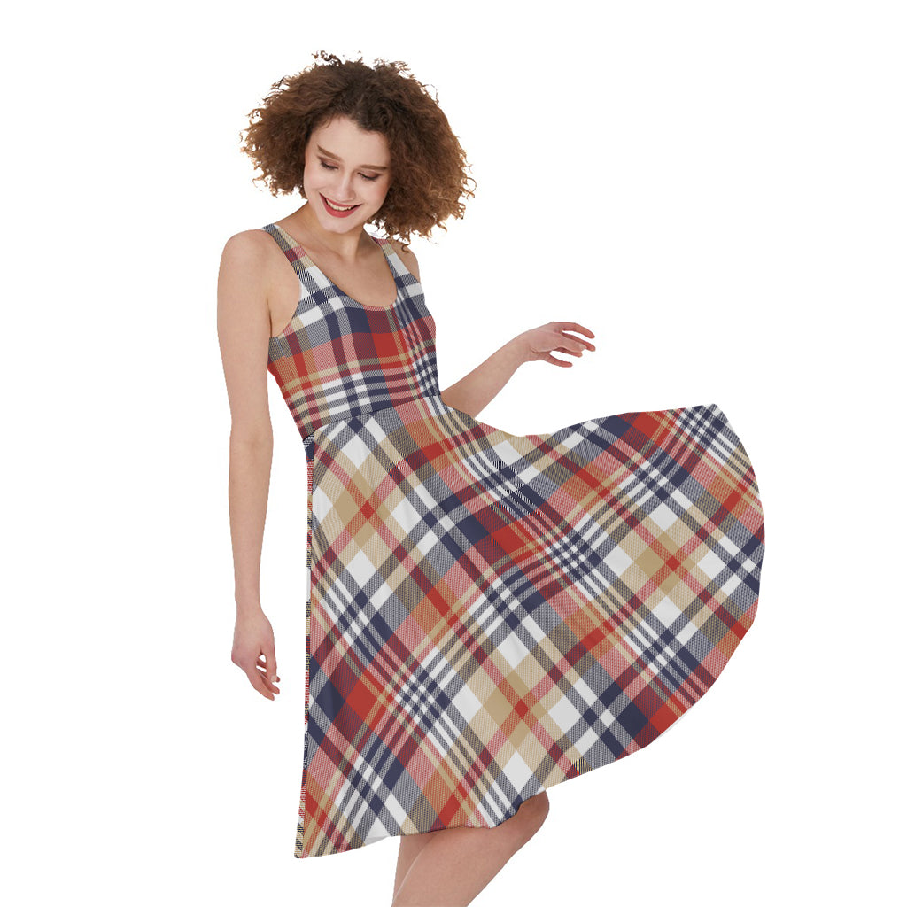Red Blue And Beige Madras Plaid Print Women's Sleeveless Dress
