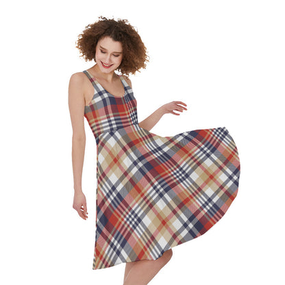 Red Blue And Beige Madras Plaid Print Women's Sleeveless Dress