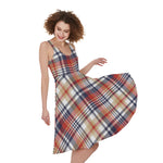 Red Blue And Beige Madras Plaid Print Women's Sleeveless Dress