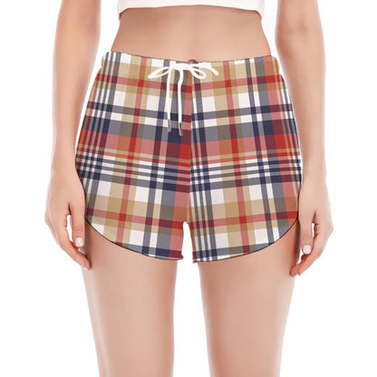 Red Blue And Beige Madras Plaid Print Women's Split Running Shorts