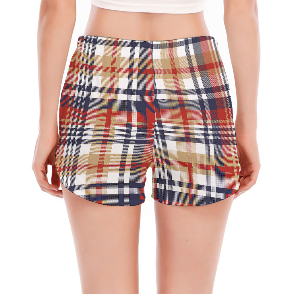 Red Blue And Beige Madras Plaid Print Women's Split Running Shorts