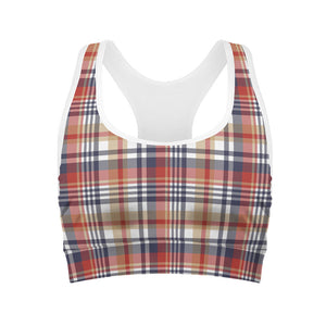 Red Blue And Beige Madras Plaid Print Women's Sports Bra