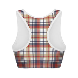 Red Blue And Beige Madras Plaid Print Women's Sports Bra