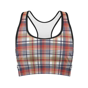 Red Blue And Beige Madras Plaid Print Women's Sports Bra