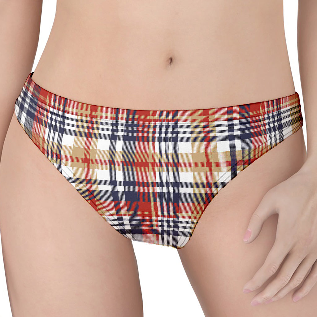 Red Blue And Beige Madras Plaid Print Women's Thong