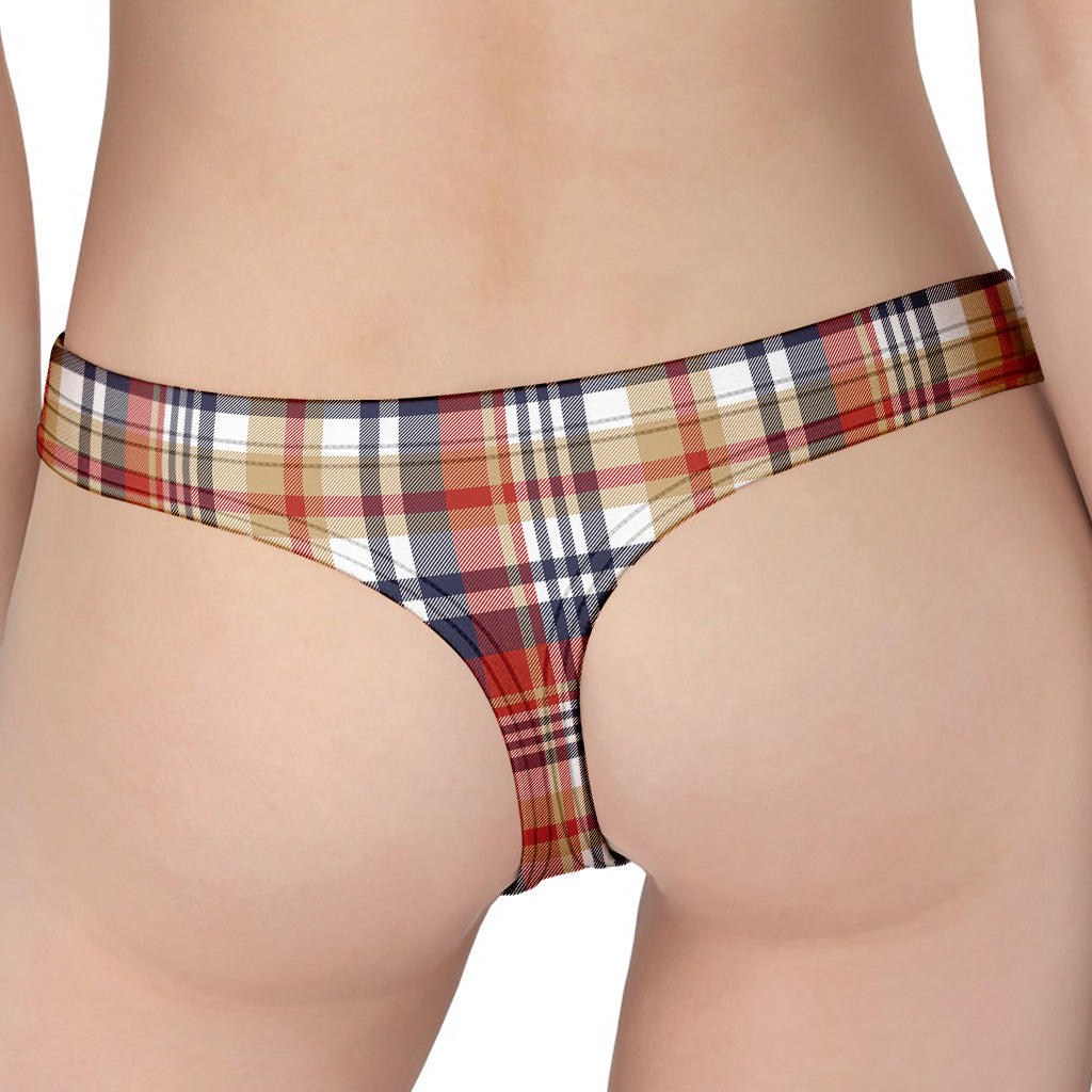 Red Blue And Beige Madras Plaid Print Women's Thong