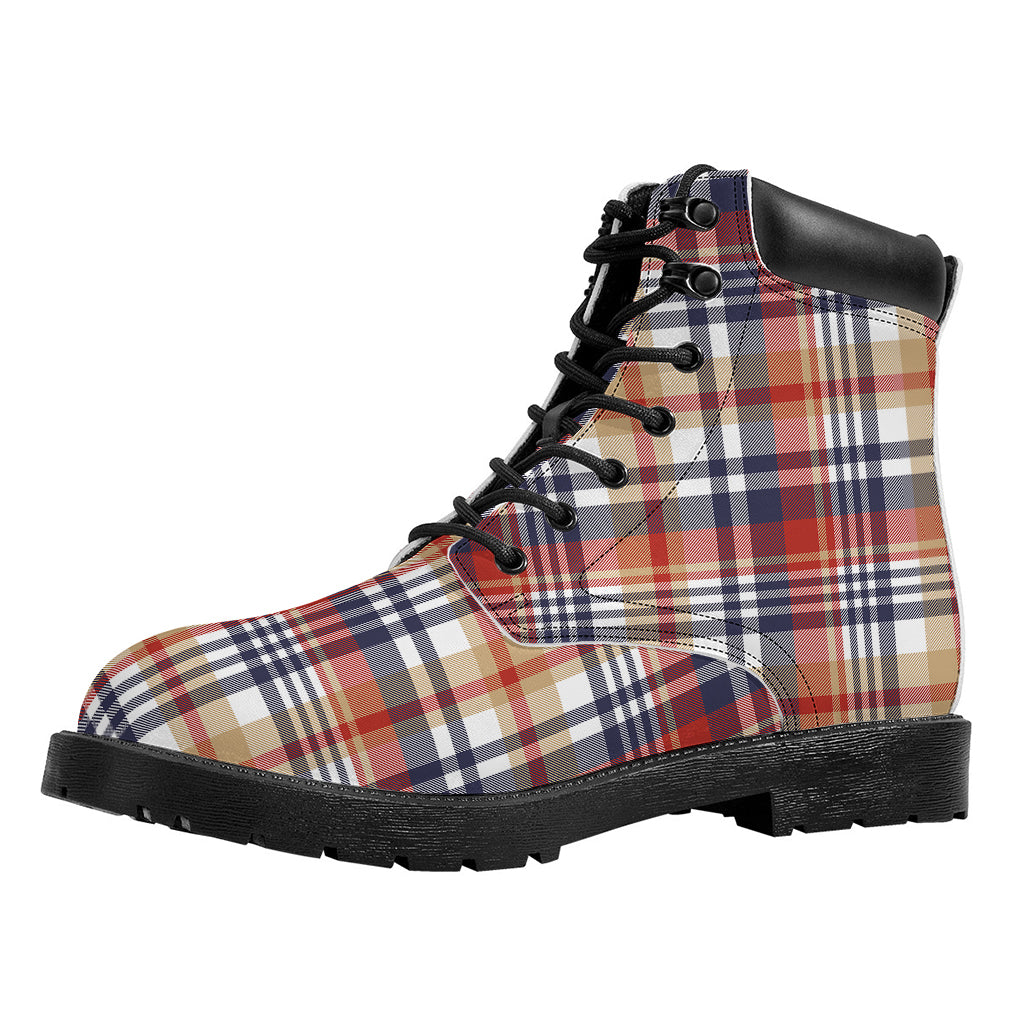 Red Blue And Beige Madras Plaid Print Work Boots