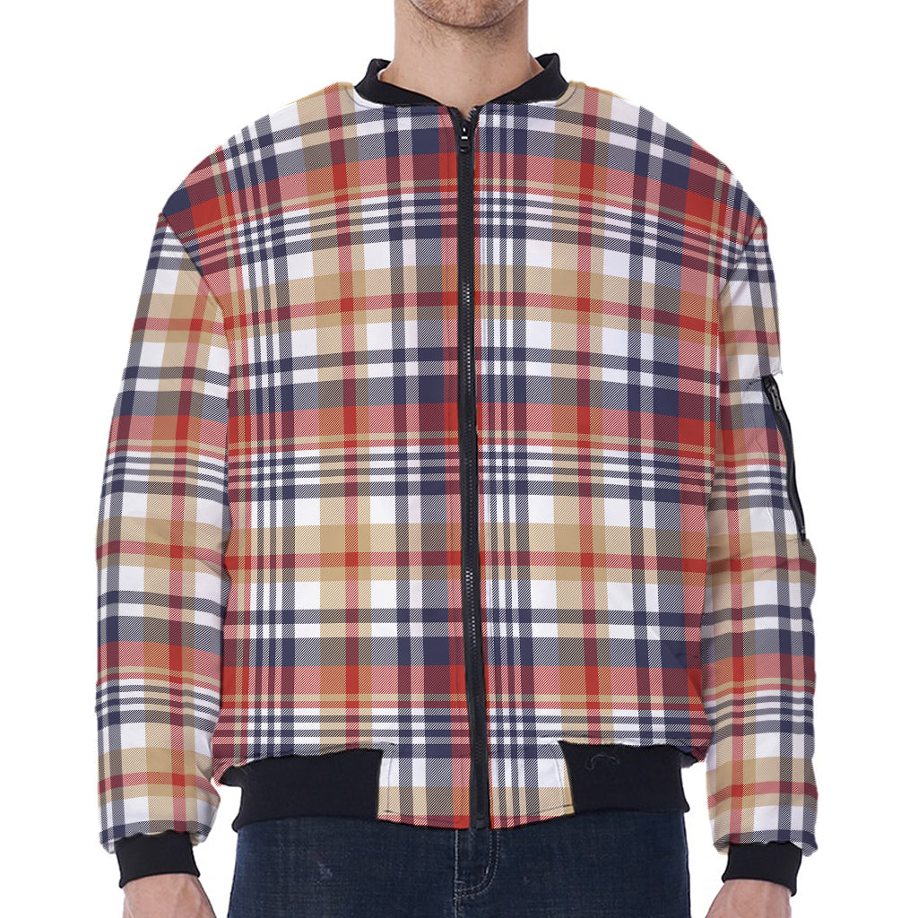 Red Blue And Beige Madras Plaid Print Zip Sleeve Bomber Jacket