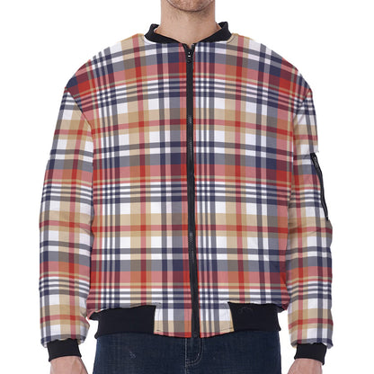 Red Blue And Beige Madras Plaid Print Zip Sleeve Bomber Jacket