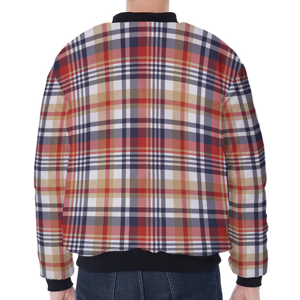 Red Blue And Beige Madras Plaid Print Zip Sleeve Bomber Jacket
