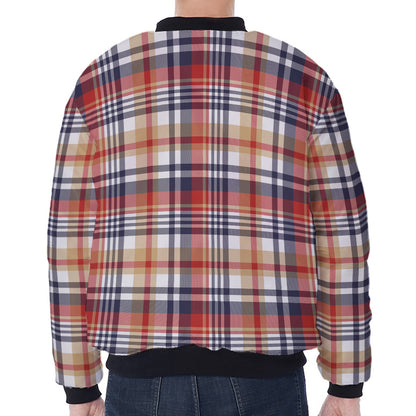 Red Blue And Beige Madras Plaid Print Zip Sleeve Bomber Jacket