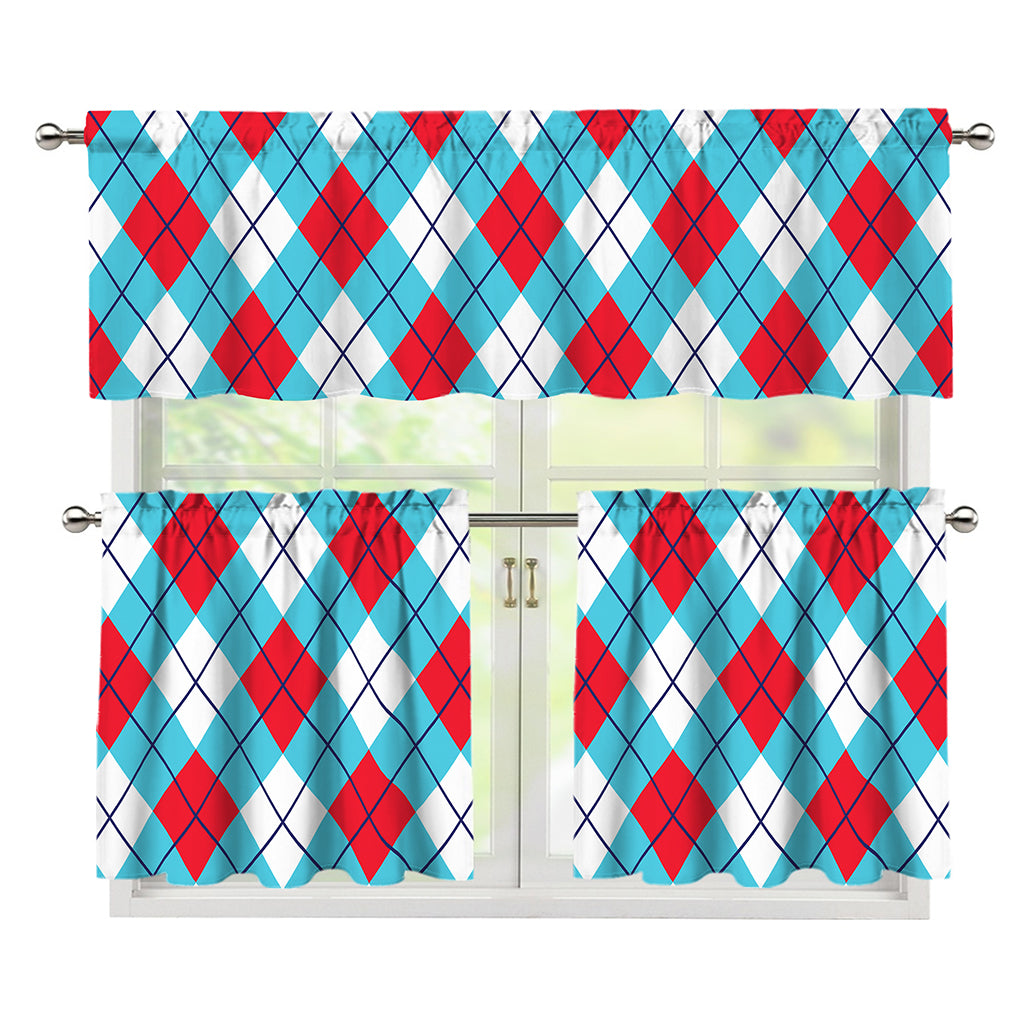 Red Blue And White Argyle Pattern Print 3 Piece Kitchen Curtains