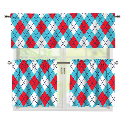 Red Blue And White Argyle Pattern Print 3 Piece Kitchen Curtains